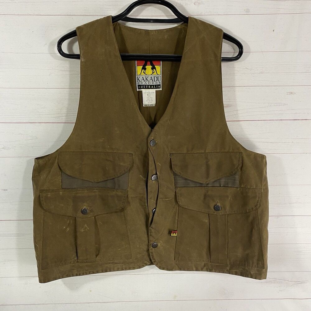 Kakadu Mens Cotton Oilskin Australian Vest Size Large Brown Button Front Pockets